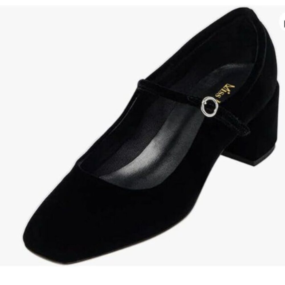 miss left Women Trendy Single Strap Buckle Square Toe Mary Janes Low Heel Black
